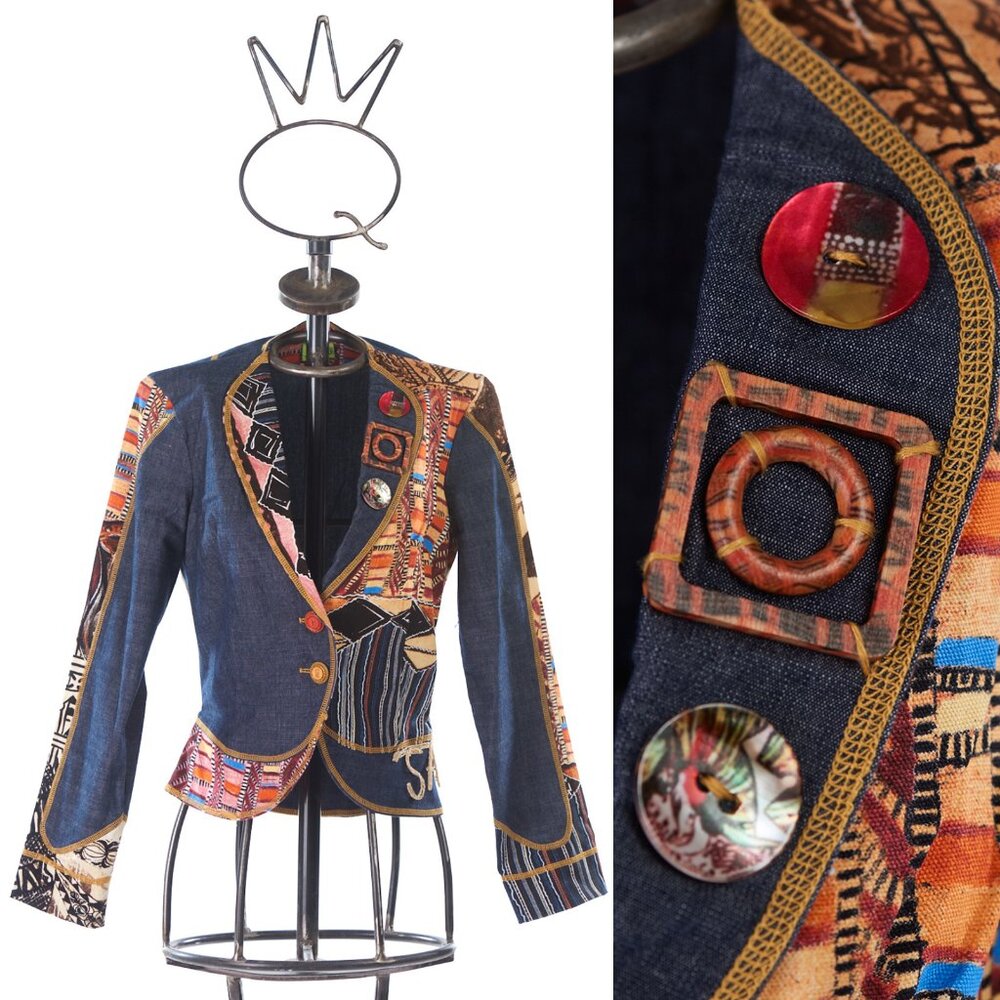 SAVE THE QUEEN JACKET DENIM LOGO EMBROIDERED w PRINTED ACCENTS sz S SMALL